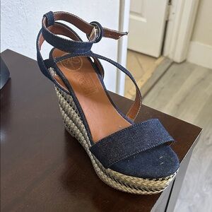 Elegant Navy Denim Wedge Sandals